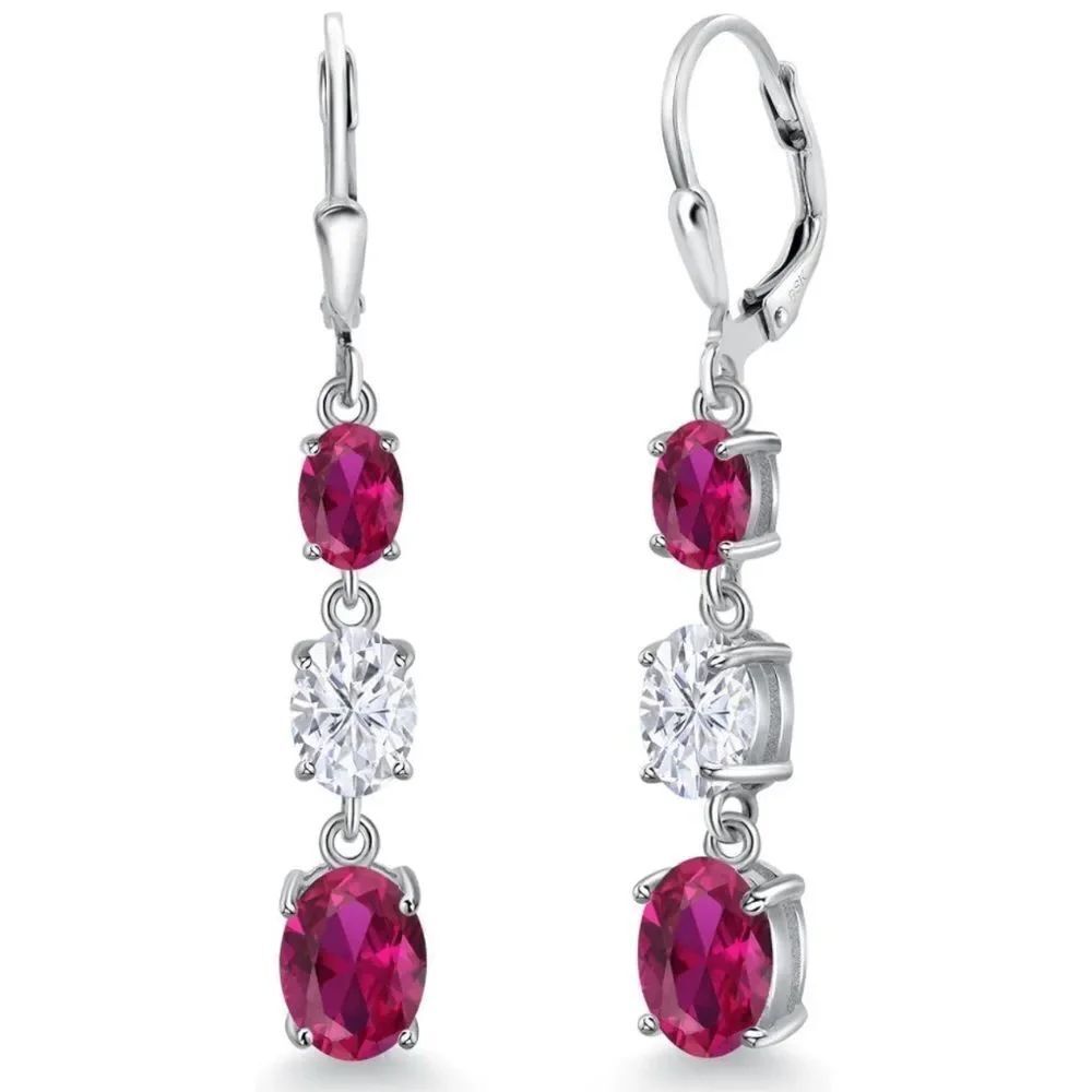 925 Sterling Silver with 5.50 Cttw 3 Stone Ruby and White Moissanite Earrings